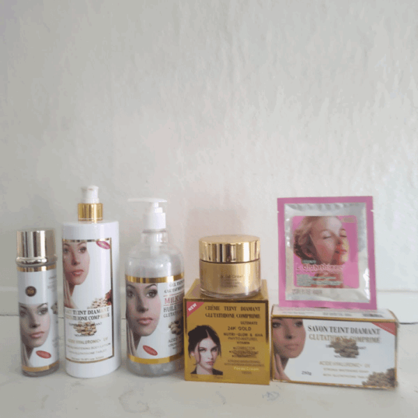 Lait Teint Glutathione Comprime Diamant Full Skincare Set – Strong Whitening Lotion, Serum, Face Cream, Body Wash, Soap & 40g Glutathione Powder