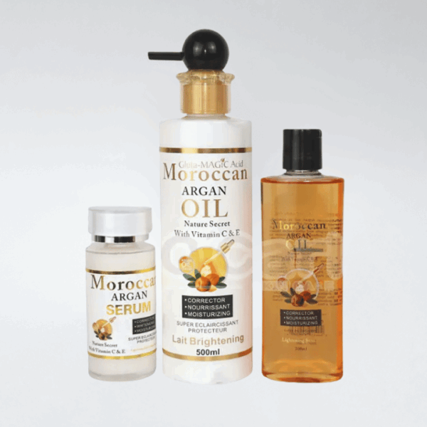 Moroccan Argan Oil Brightening Body Lotion, Oil & Serum Set – Smooth Skin, Fade Scars, Anti-Wrinkle, Anti-Aging Care